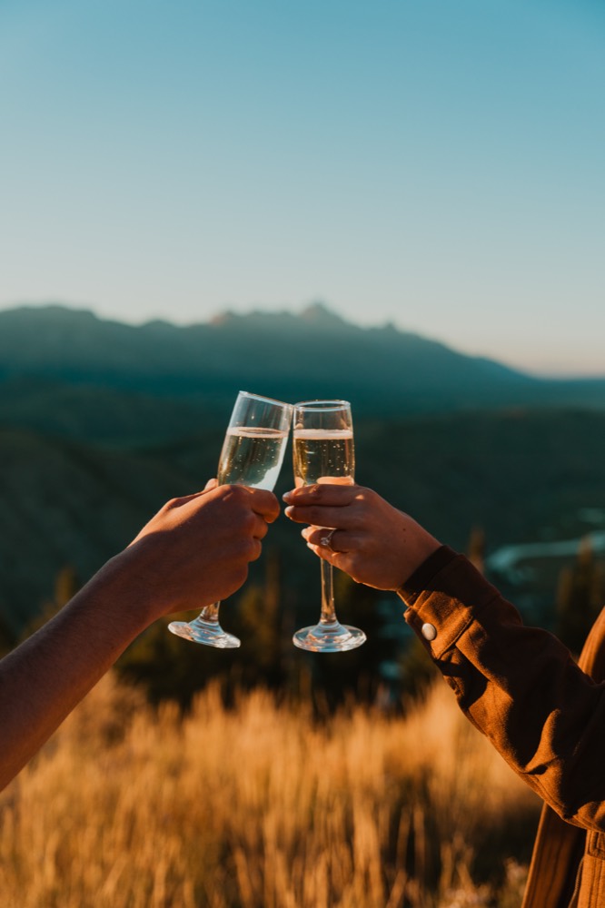 Two champagne glasses raised in a toast against the mountains